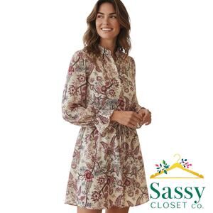 BCBGMAXAZRIA Burgundy Paisley Long Sleeve Jumpsuit Shorts Women’s XS Boho EUC